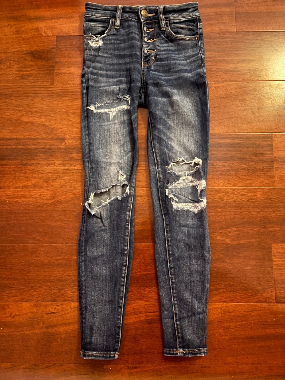 American Eagle Dark Wash Ripped Skinny Jeans Women's 0 Short Distressed